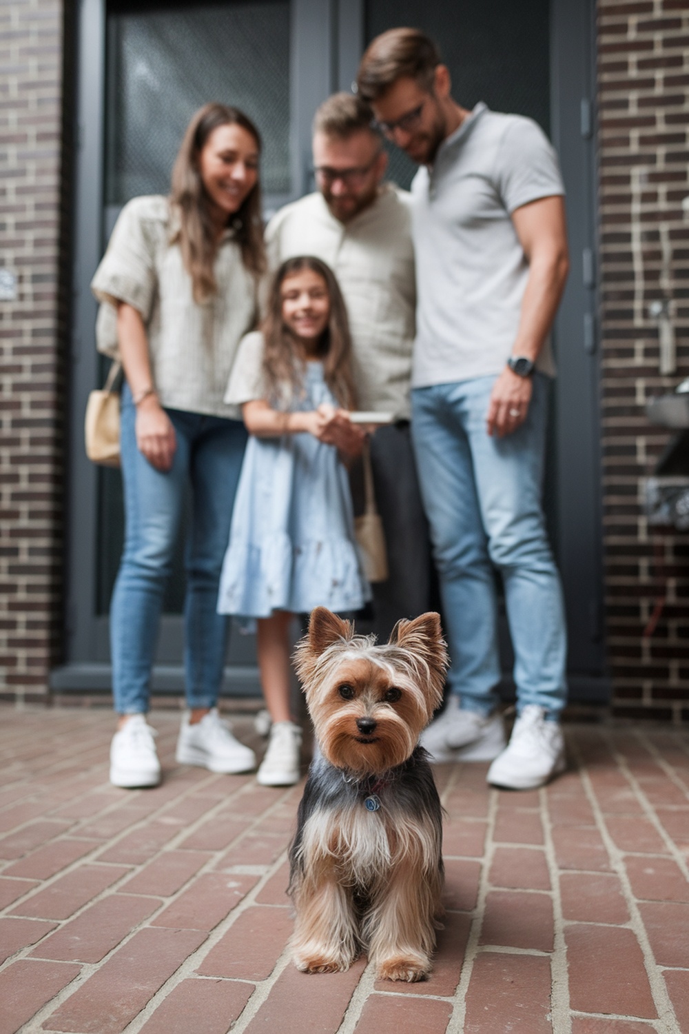 A Biewer Yorkie stands in front of a family, showcasing its adorable features.