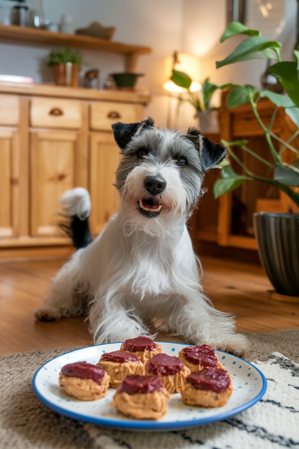 A happy terrier sitting in front of a plate of peanut butter and jelly dog treats.