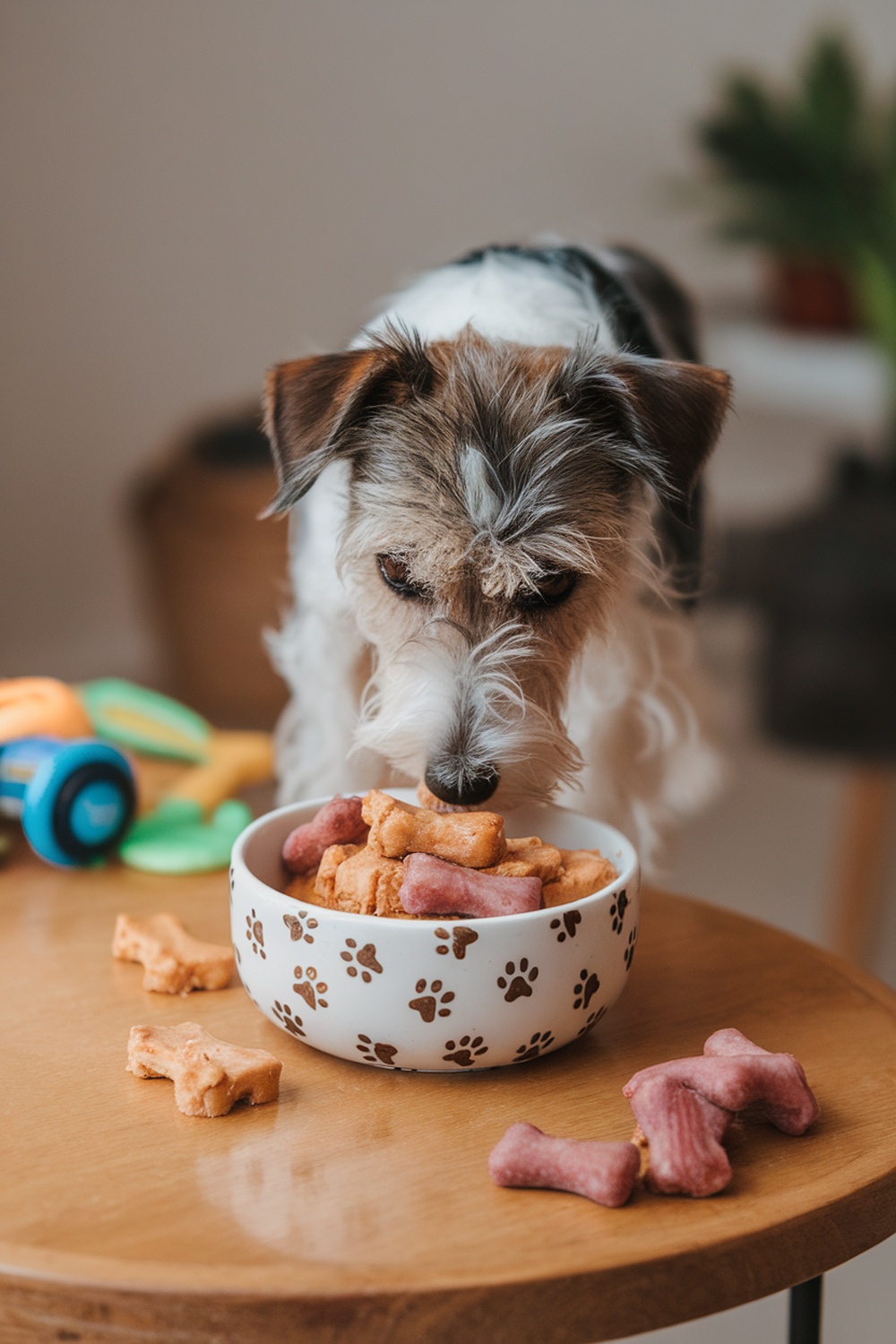 A dog sniffing a bowl of peanut butter and bacon biscuits on a wooden table.