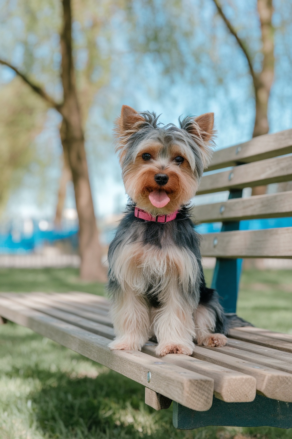 A cute Yorkie Poo sitting on a bench in a park.