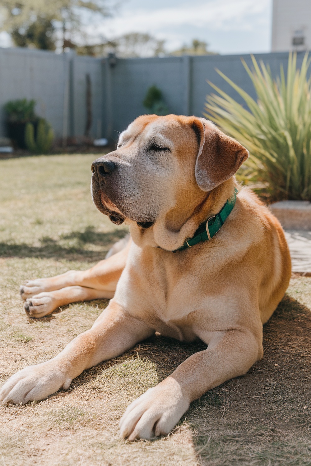 Airedale and Bullmastiff mix dog lounging in the sun