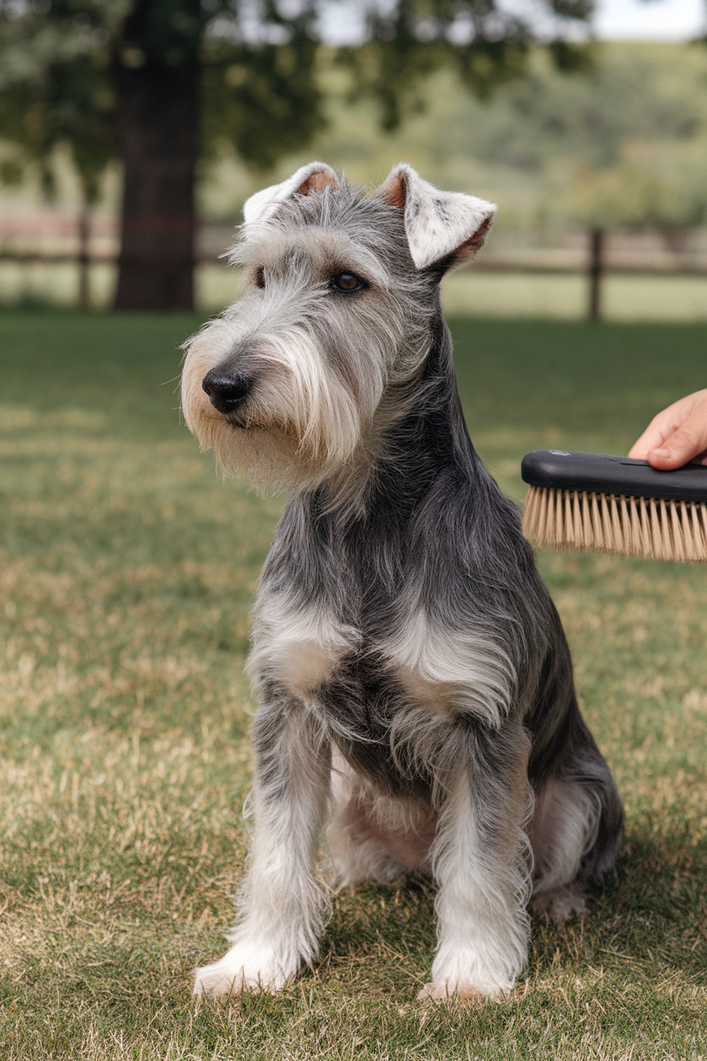 A Wire Fox Terrier being brushed in a grassy area.