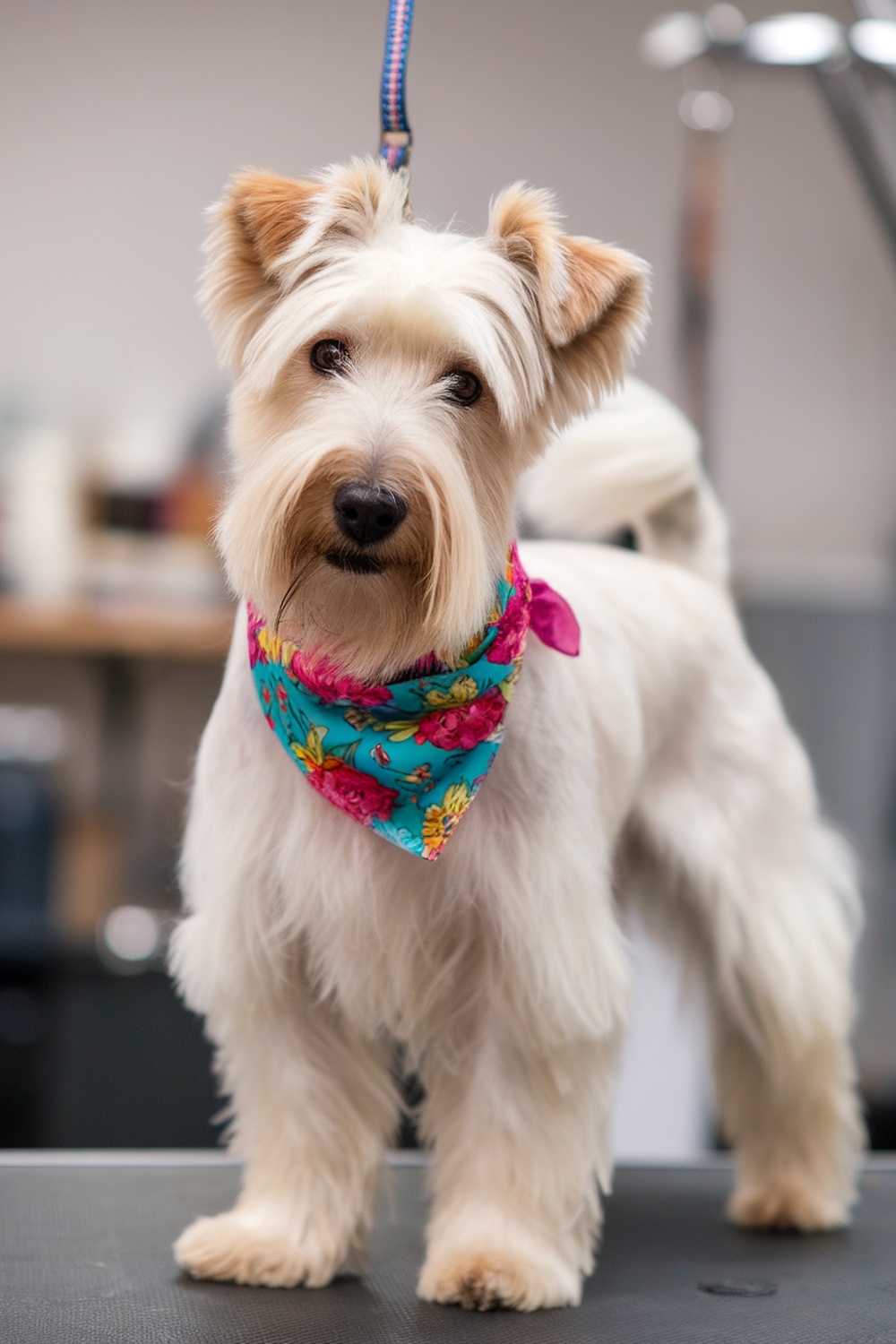 A Wheaten Terrier wearing a colorful bandana.