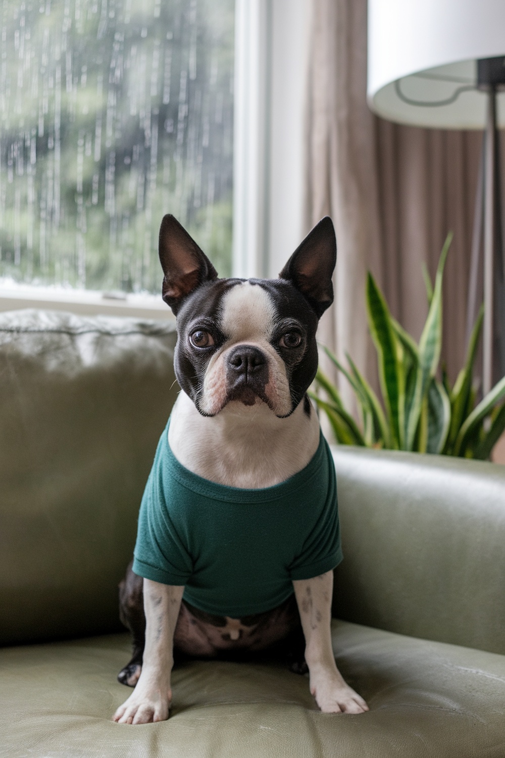 A Boston Terrier sitting on a couch, looking out a window with rain.