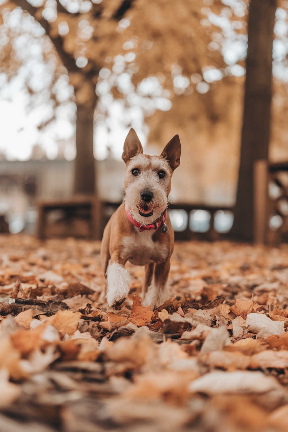 A Norwich Terrier running through autumn leaves, showcasing its playful demeanor.
