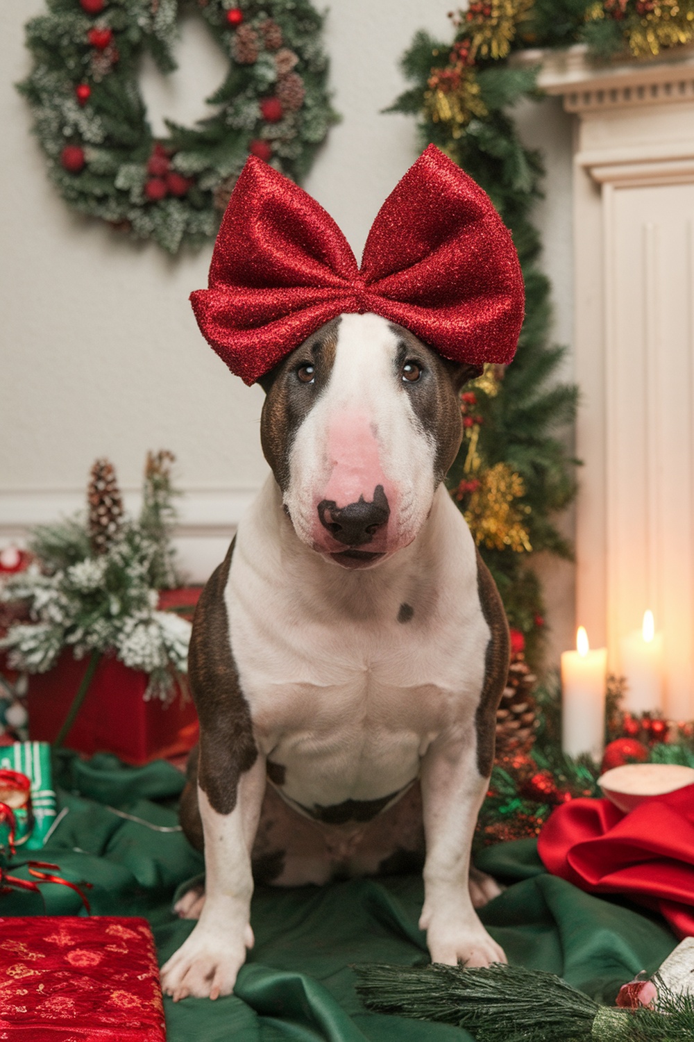 A Bull Terrier wearing a large red holiday bow, surrounded by Christmas decorations.