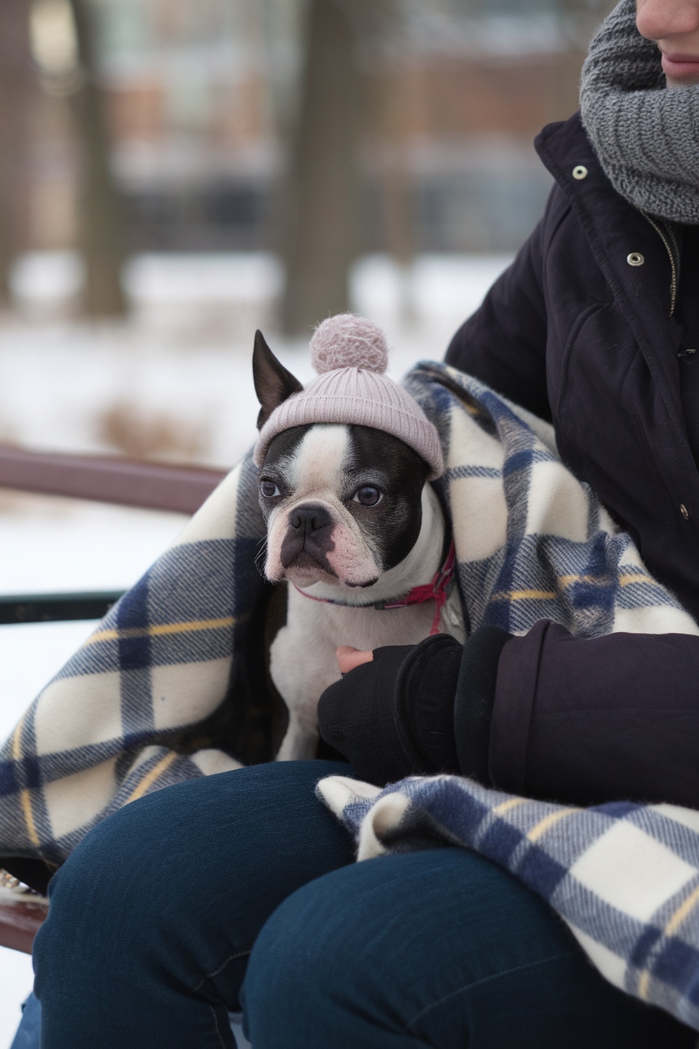 A Boston Terrier wearing a hat, snuggled in a blanket on a person's lap.