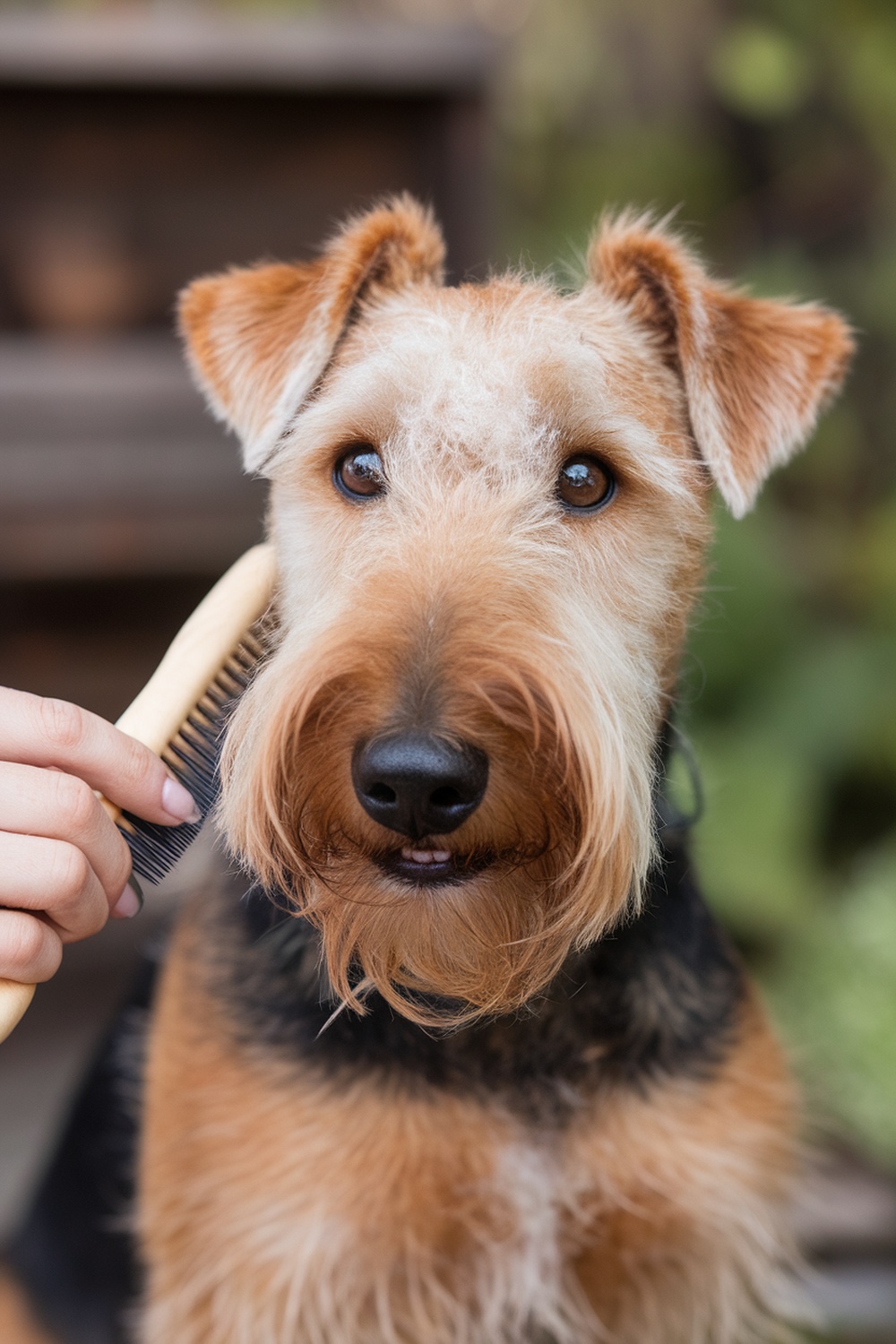 Airedale Terrier being groomed with a comb
