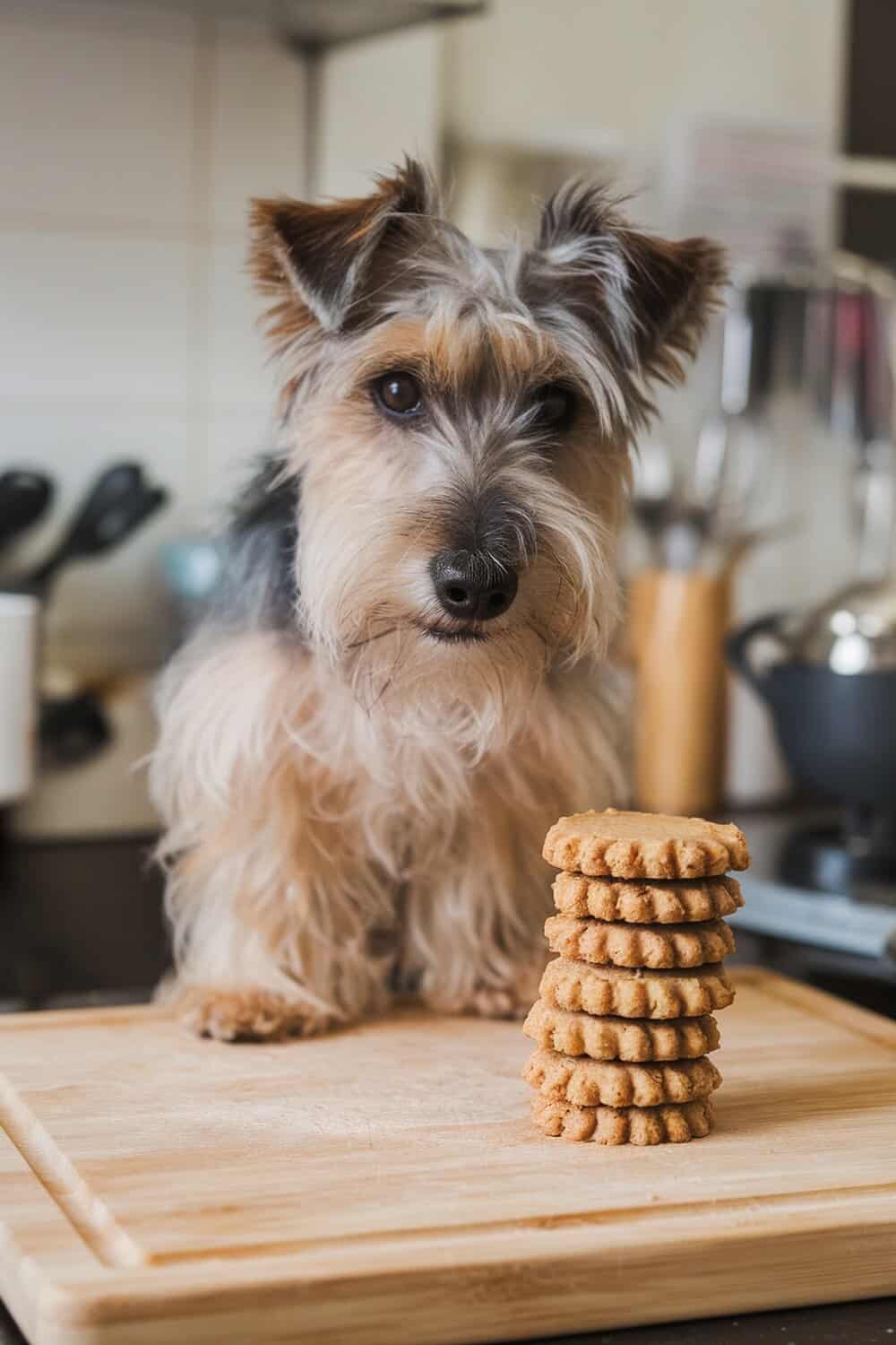 A terrier looking at a stack of peanut butter and banana biscuits on a wooden cutting board.