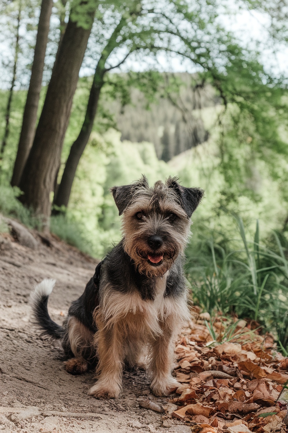A happy Border Terrier sitting on a path surrounded by greenery.