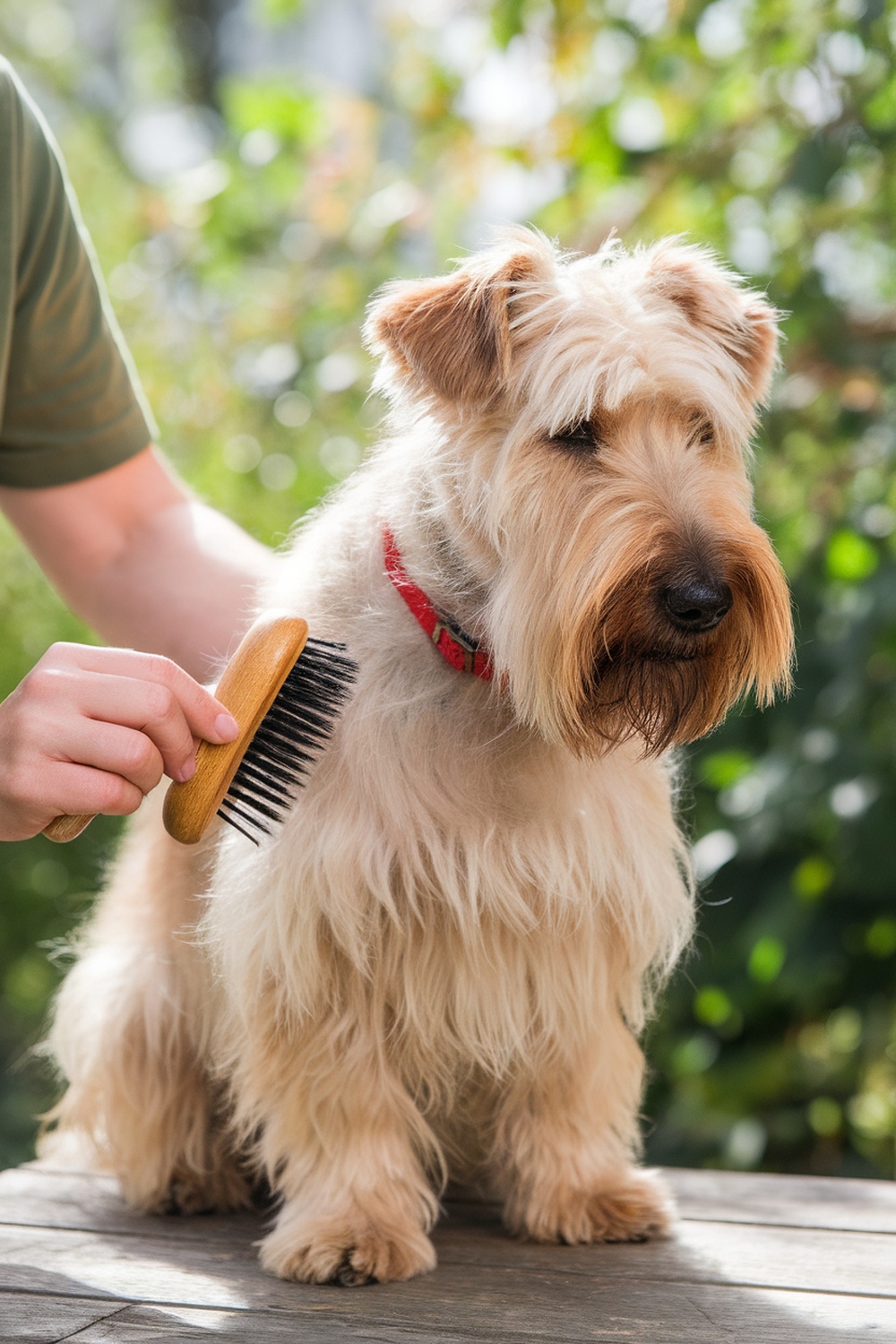 A person brushing a Wheaten Terrier's coat outdoors.