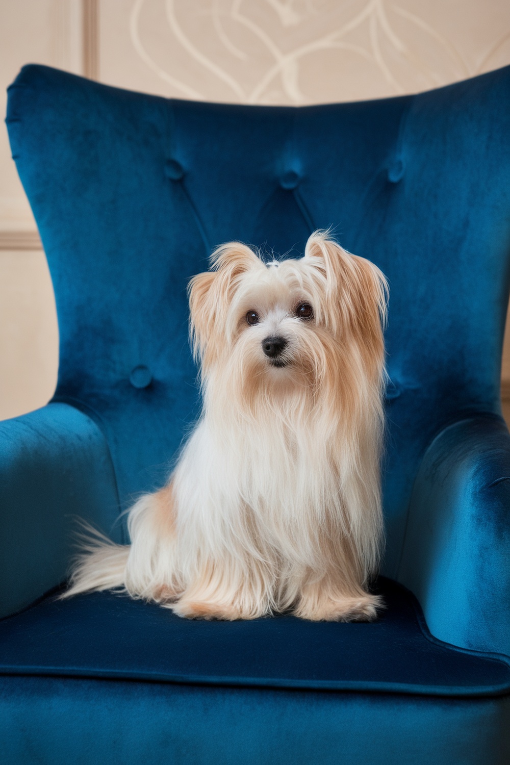 A Maltese Terrier sitting gracefully on a blue chair.