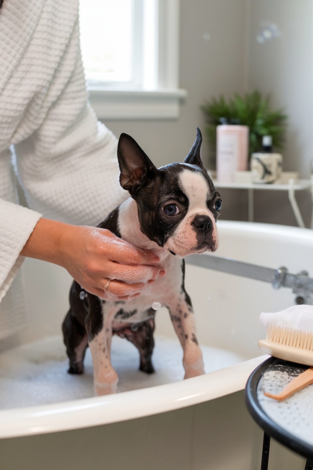 A Boston Terrier puppy being bathed in a tub with soap and water.