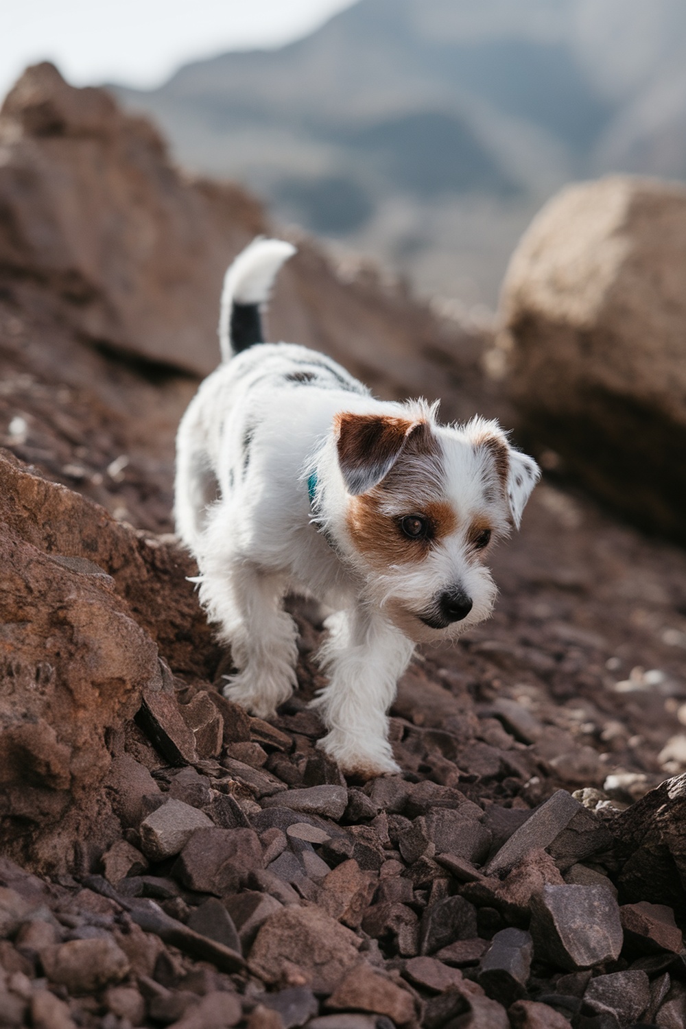 An Australian Terrier walking on rocky terrain.