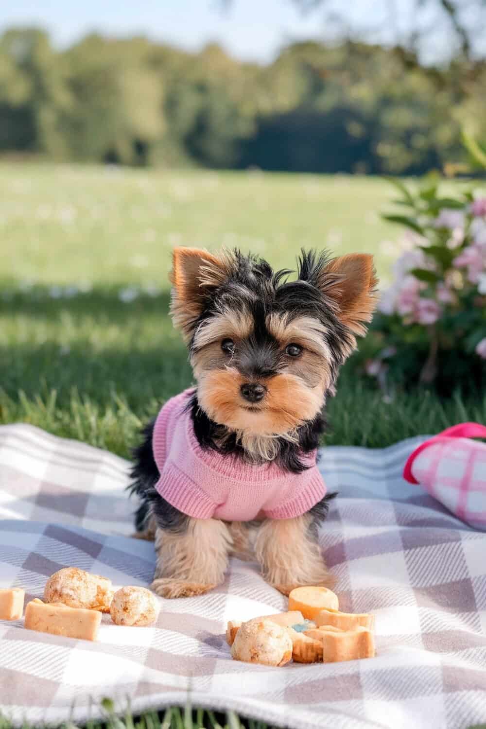 A cute Yorkie puppy in a pink sweater sitting on a picnic blanket surrounded by treats.