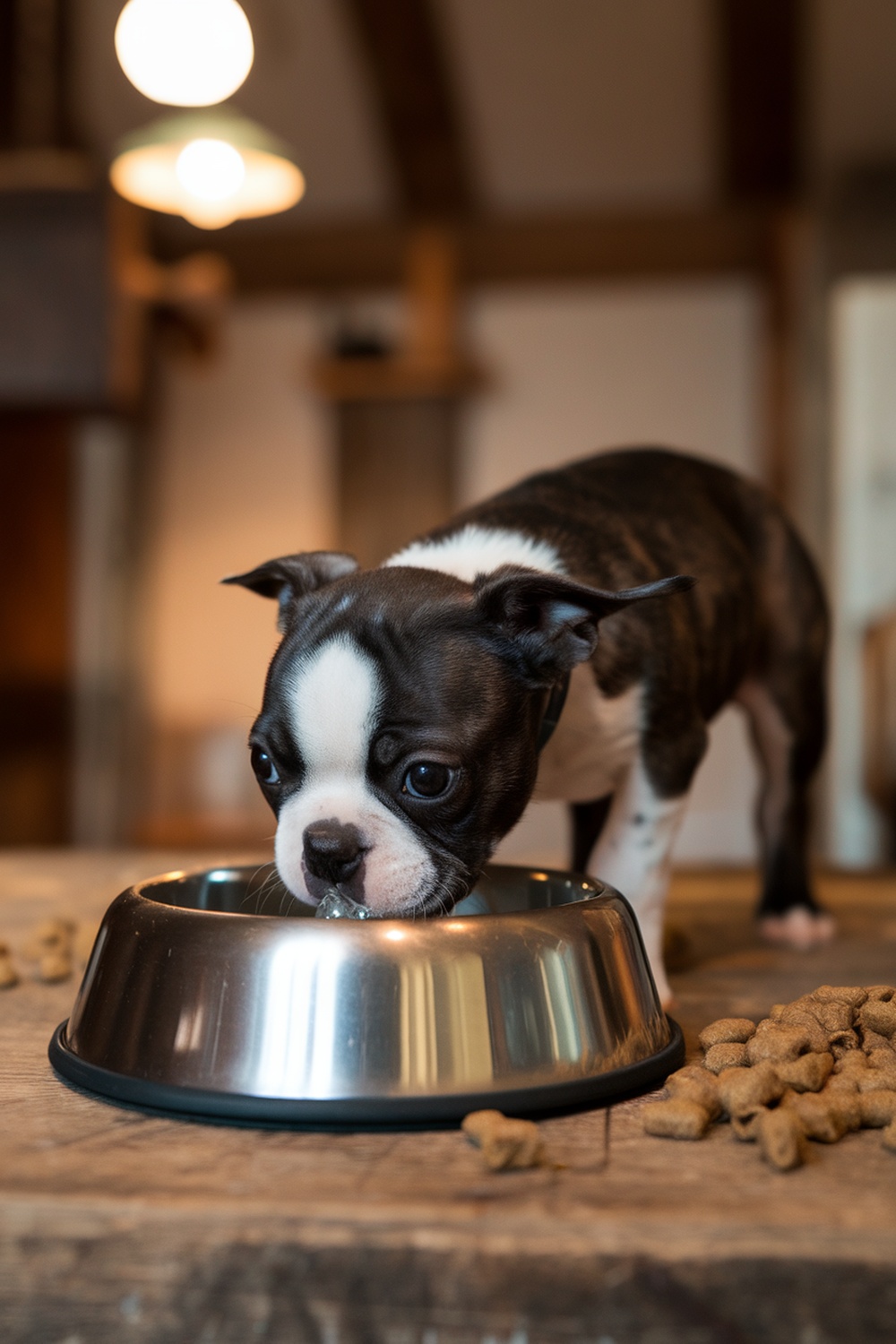 A Boston Terrier puppy drinking water from a bowl.