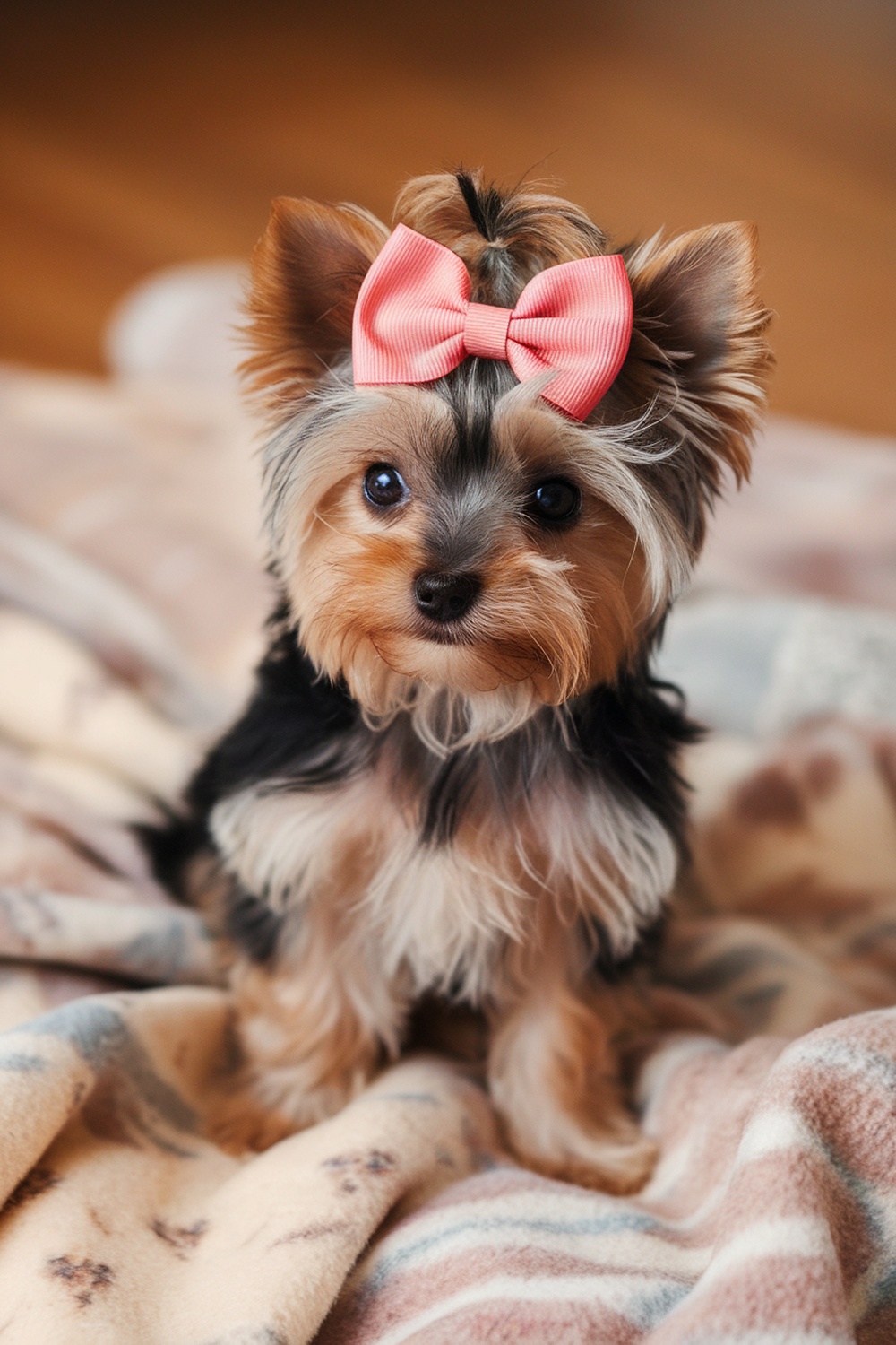 A cute Yorkie puppy with a pink bow on her head, sitting on a soft blanket.