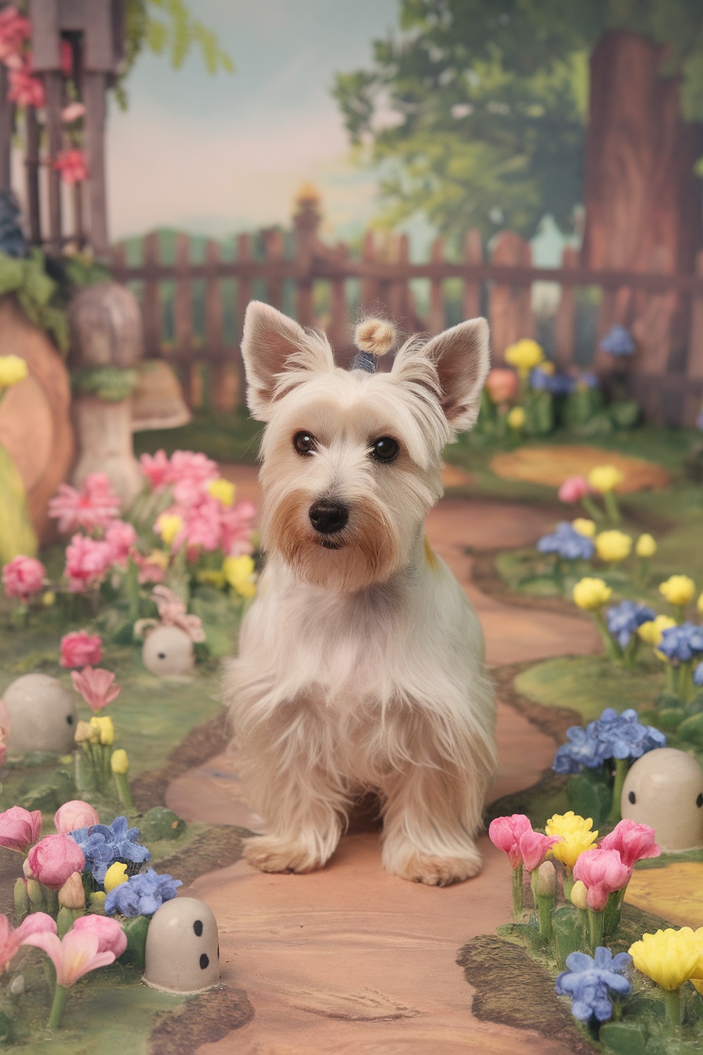 A Dandie Dinmont Terrier with a topknot, surrounded by colorful flowers.