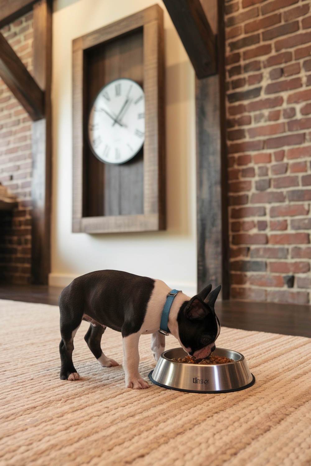 A Boston Terrier puppy eating from a silver bowl in a cozy home setting.