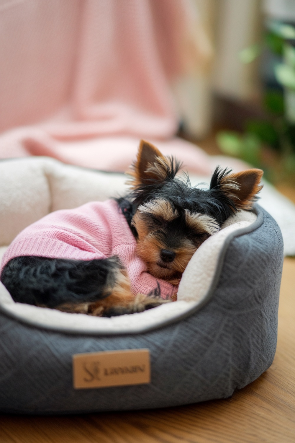 A Yorkie puppy girl sleeping in a cozy bed wearing a pink sweater.