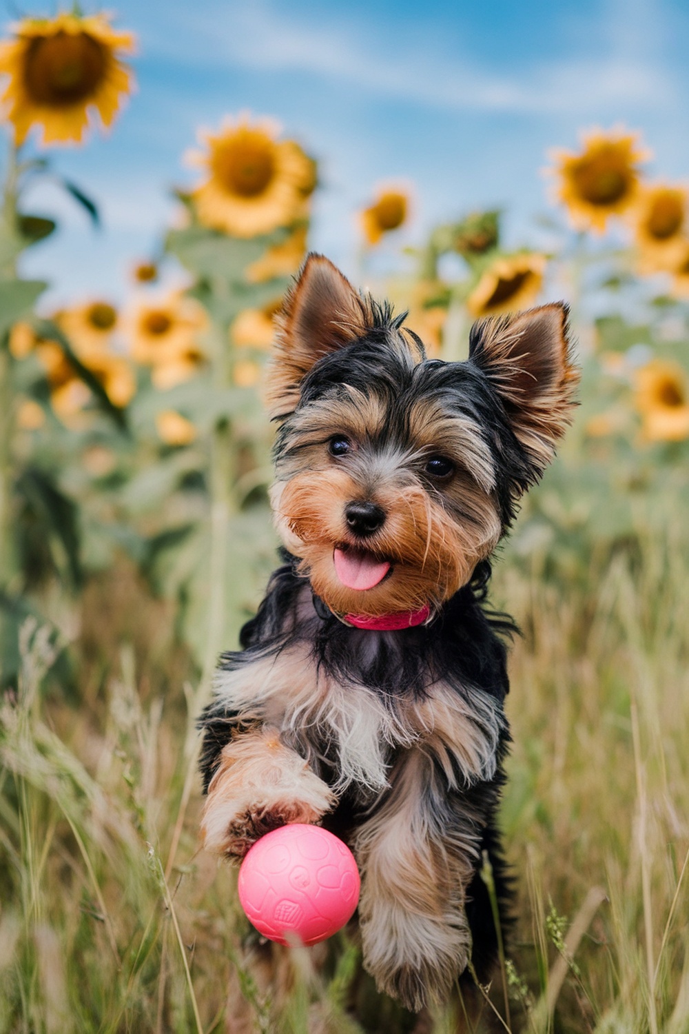 A playful Yorkie puppy with a pink ball in a sunflower field.