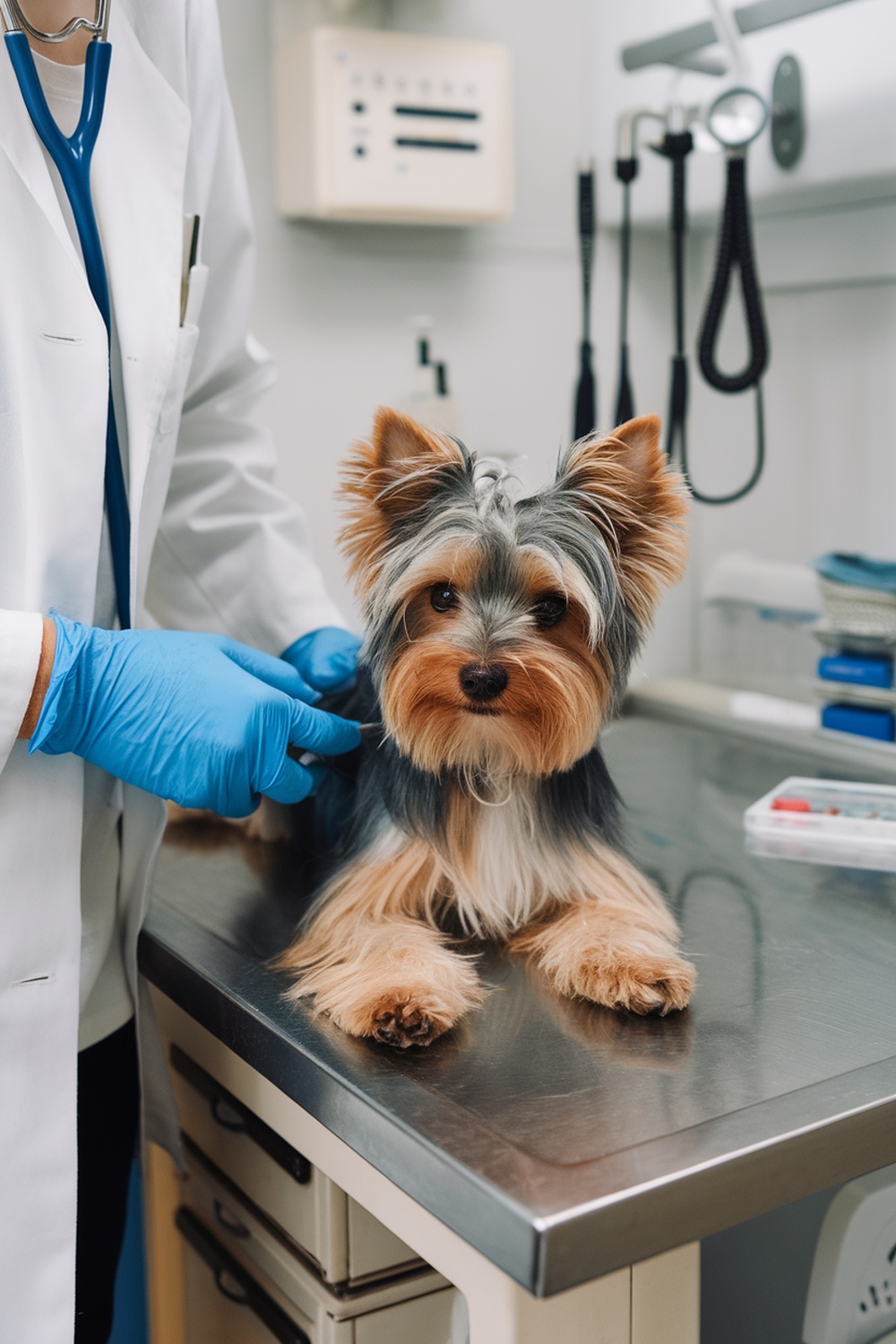 A Yorkie Poo receiving a check-up at the vet.