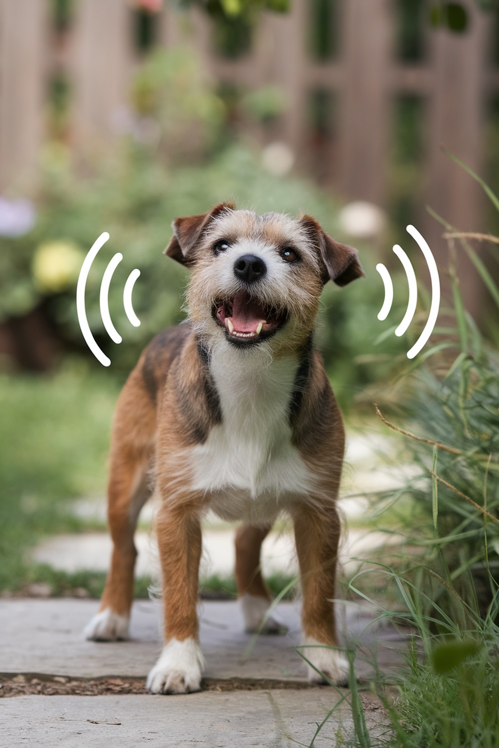 A happy Border Terrier barking in a garden.