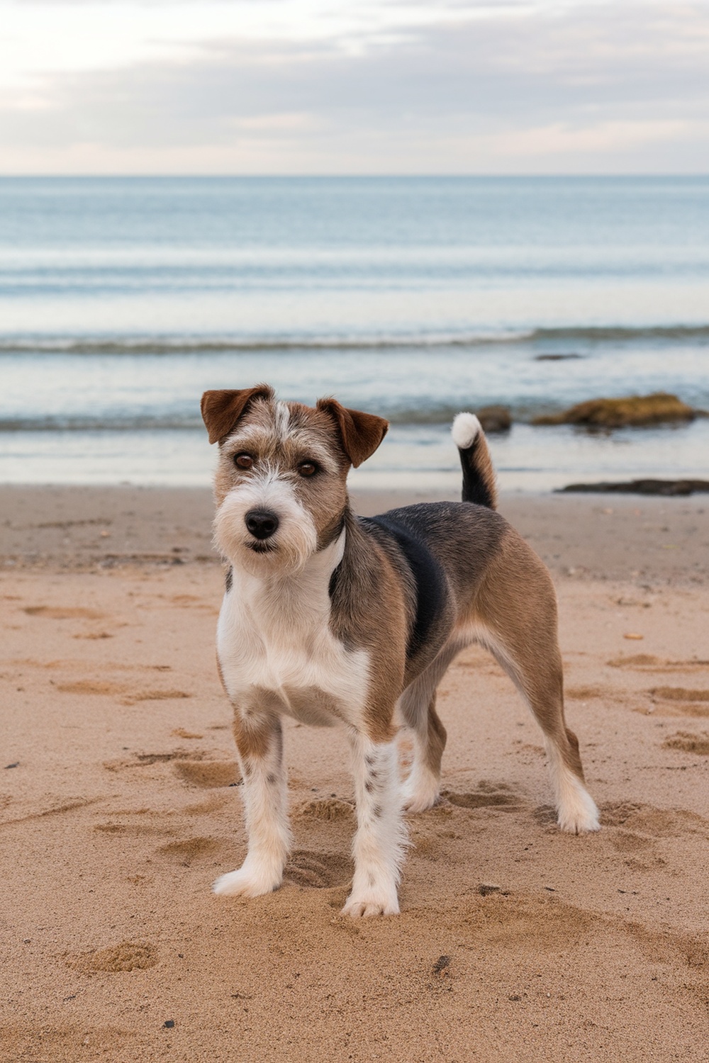 A Tenterfield Terrier standing on the beach with a calm sea in the background.