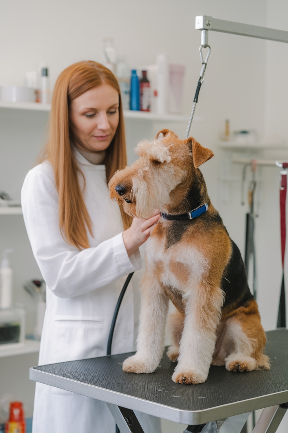 Airedale Terrier being groomed by a professional in a grooming salon.