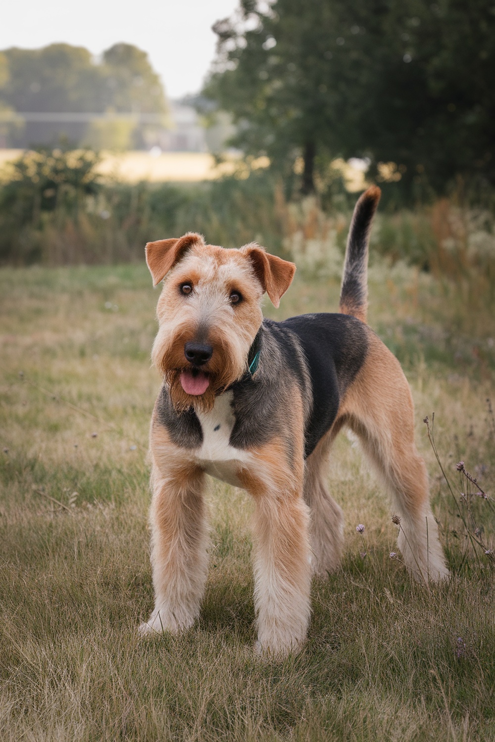 Airedale Terrier mix standing in a grassy field