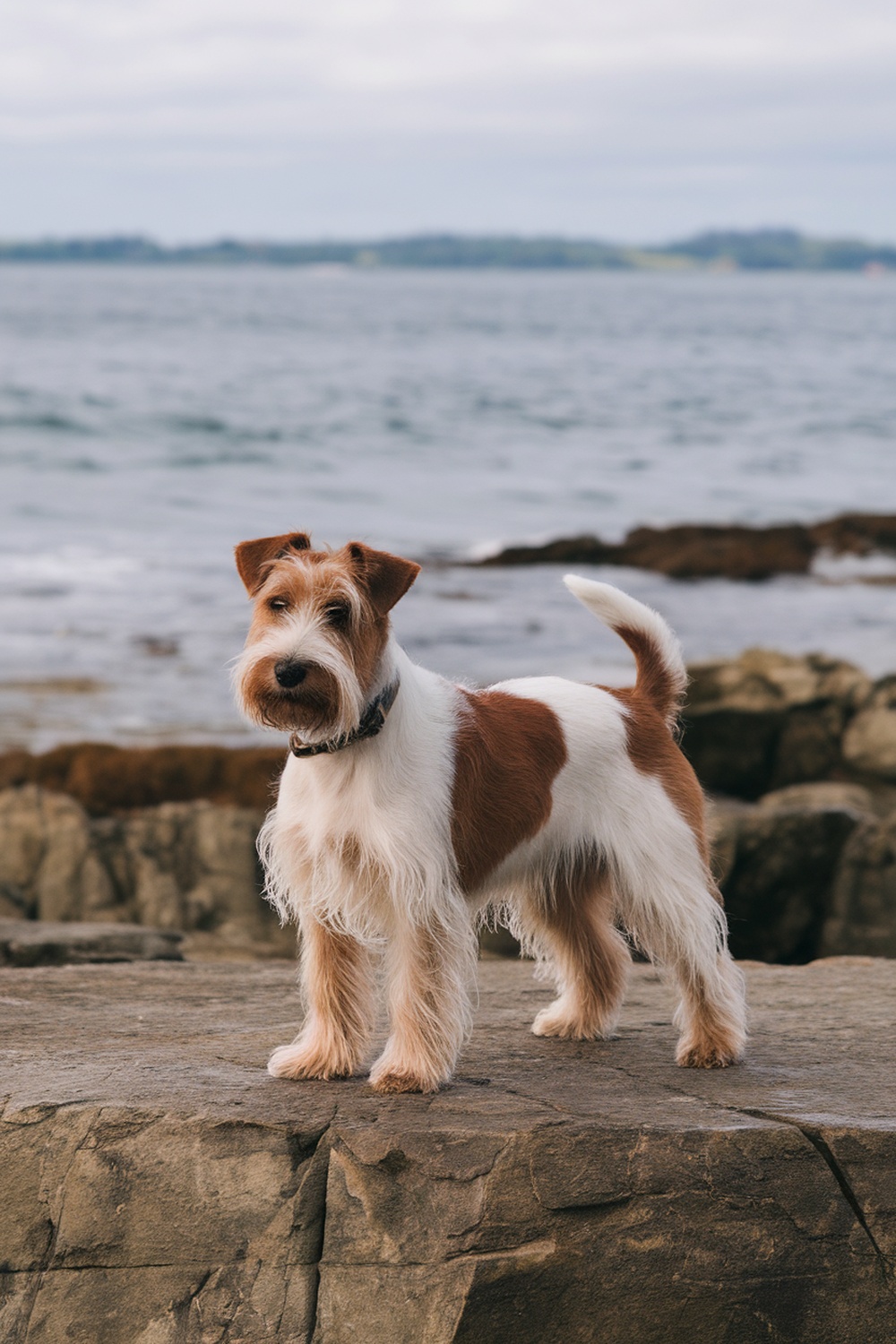An Irish Terrier standing on a rocky shore with a scenic background.
