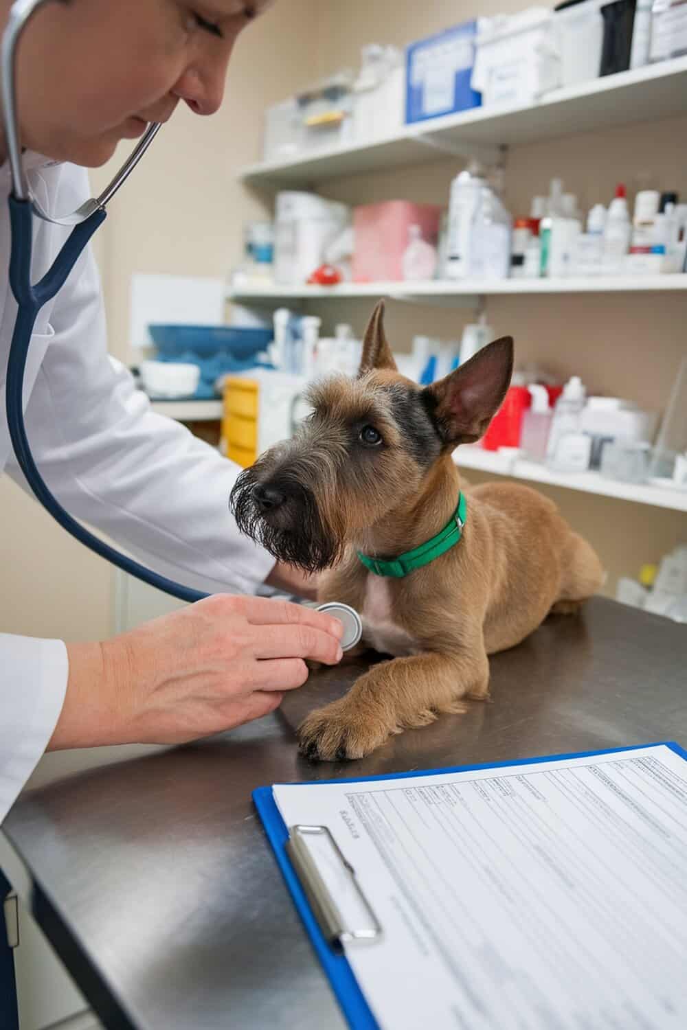 A Scottish Terrier puppy being examined by a veterinarian with a stethoscope.