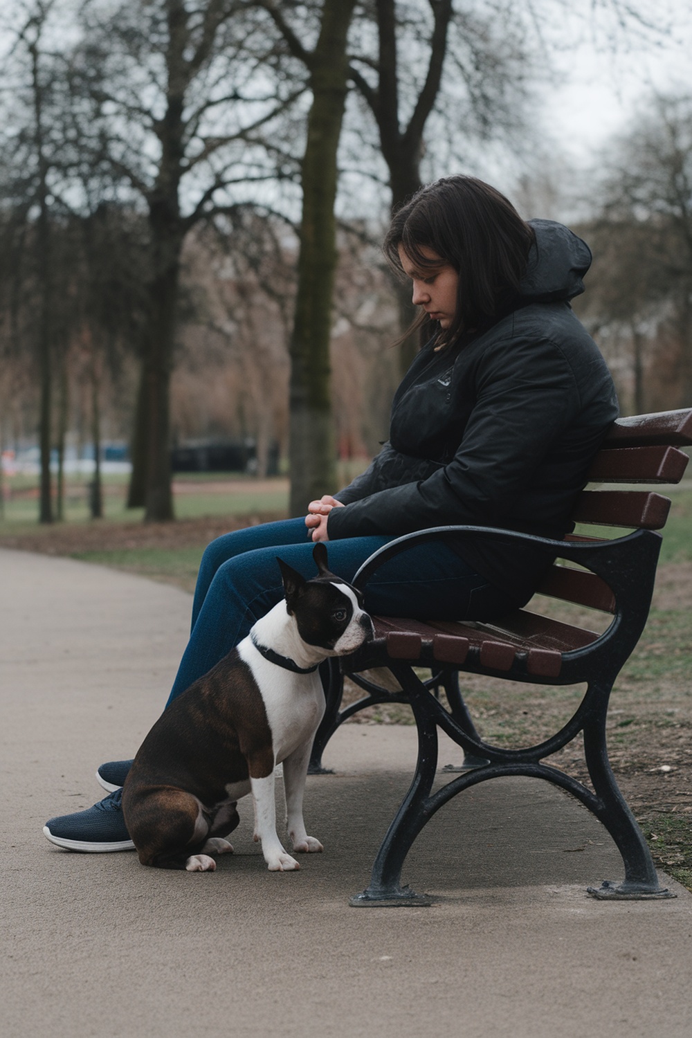 A Boston Terrier sitting beside a person on a park bench, showing a bond between them.