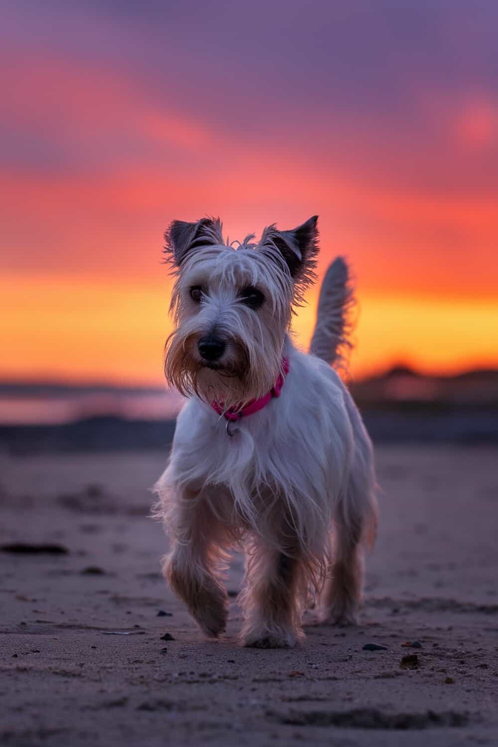 A Welsh Terrier walking on the beach during sunset.