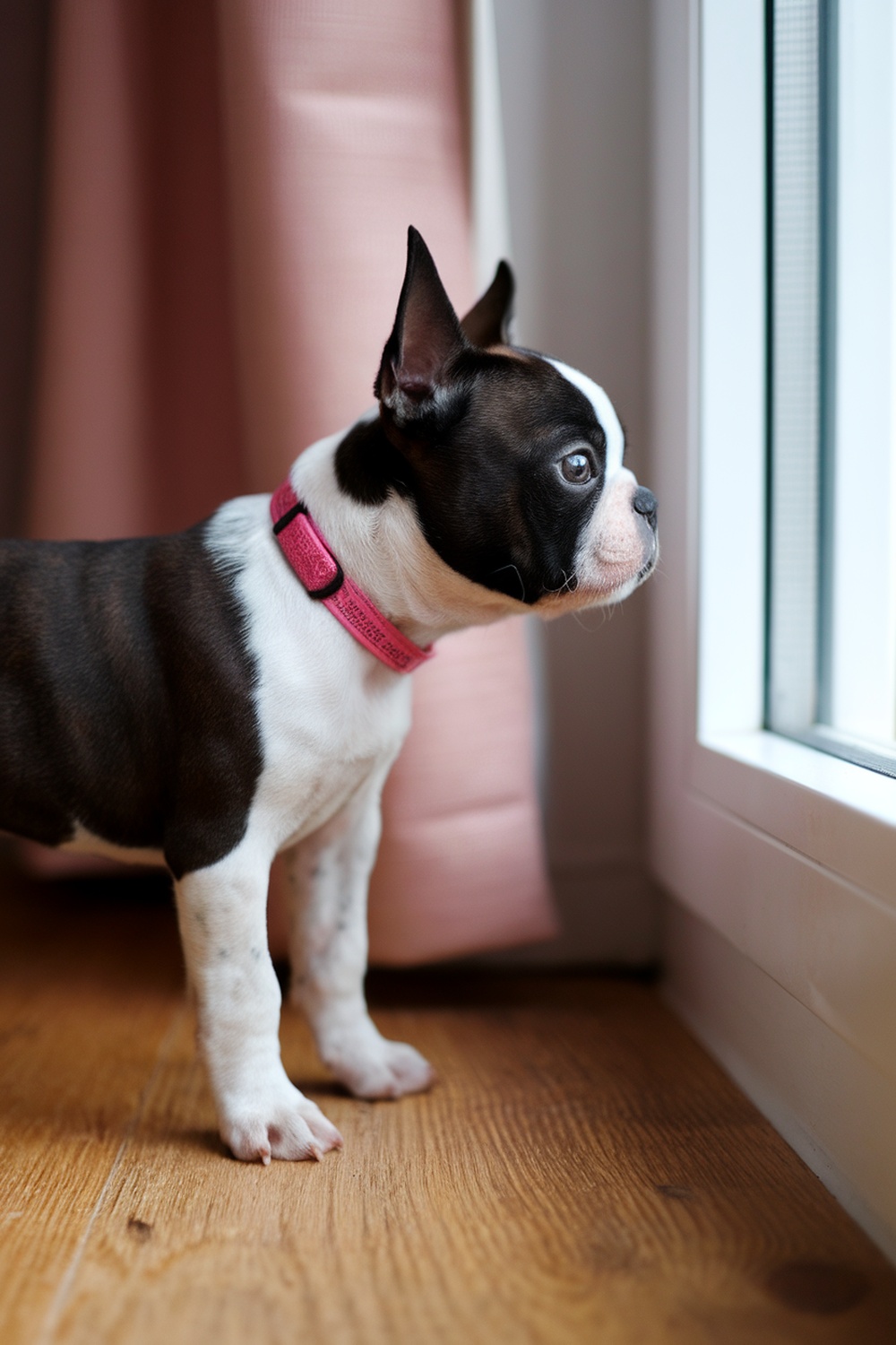 A Boston Terrier puppy looking out a window, possibly feeling anxious about being alone.
