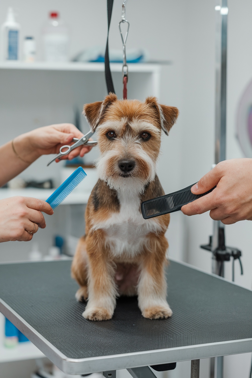 A Border Terrier being groomed with scissors and combs in a grooming salon.
