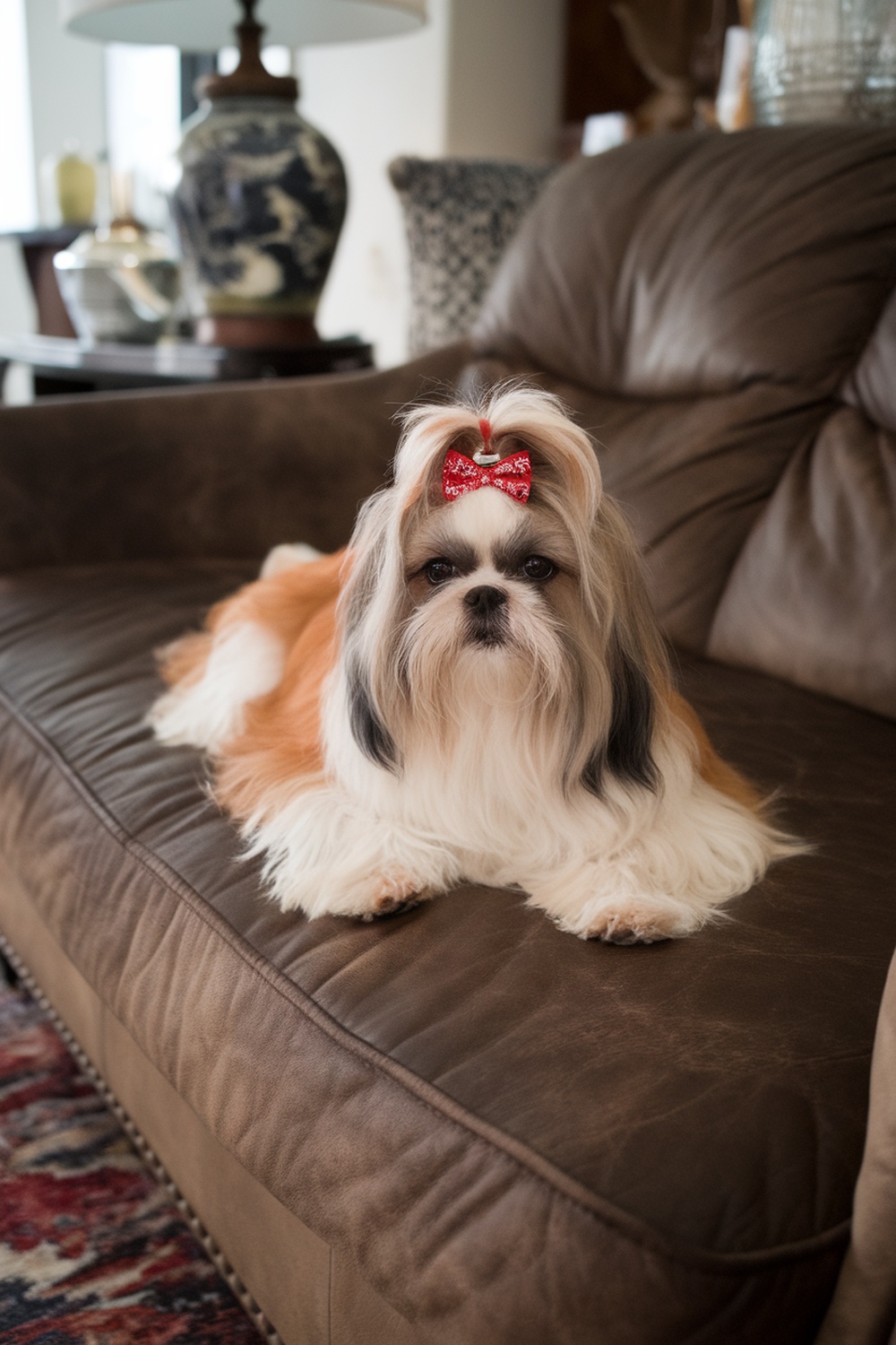 A Shih Tzu dog resting on a brown leather couch, looking adorable with a red bow in its hair.