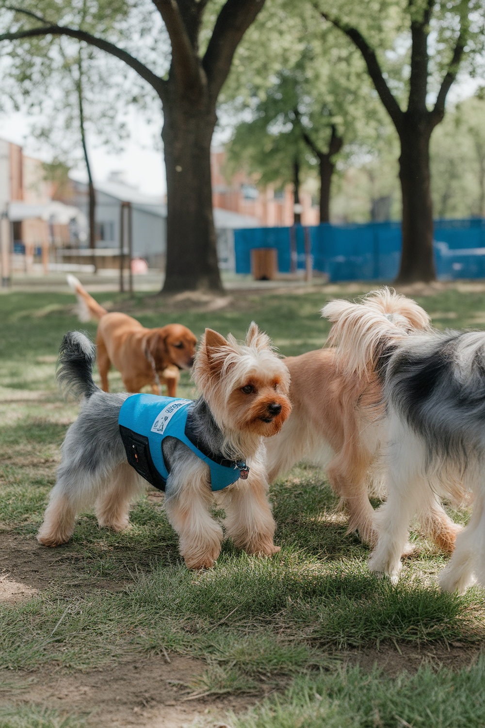 A Yorkie Poo in a blue harness socializing with other dogs in a park.