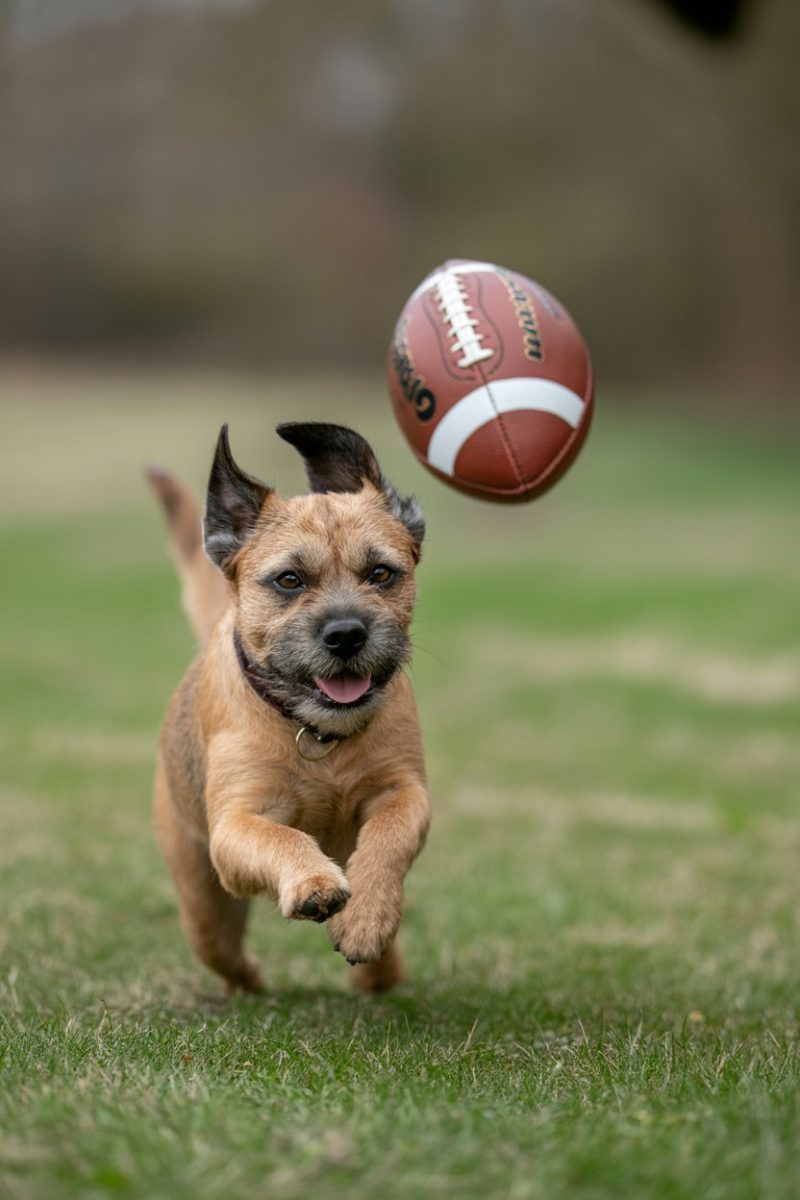 A Border Terrier dog leaping to catch an American football in mid-air.