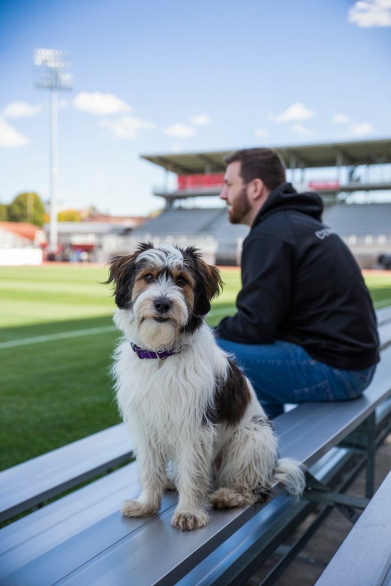 A Tibetan Terrier dog sitting on stadium bleachers.