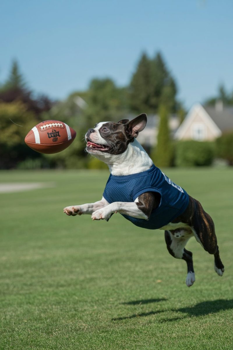 A Boston Terrier leaping through the air to catch an American football. 