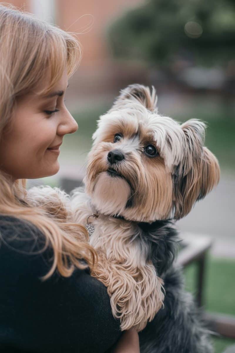 A Maltese Yorkie mix looking up at its owner with affection.