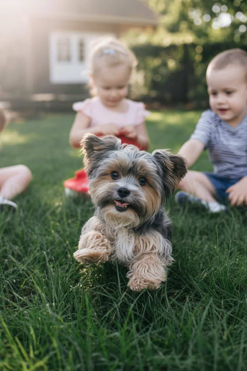 A Maltese Yorkie mix (Morkie) playing with children in a grassy yard.