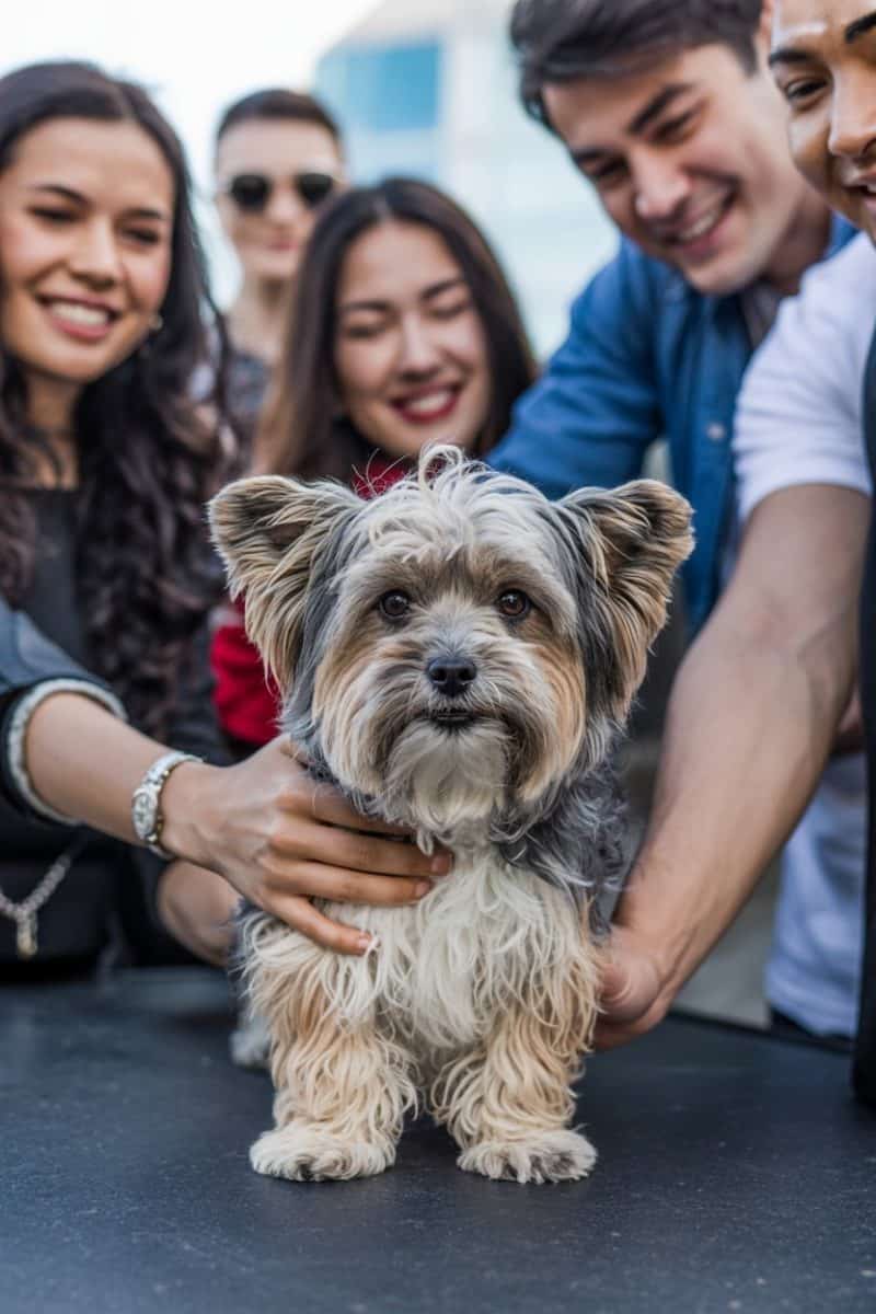 A Maltese Yorkie mix surrounded by people reaching out to pet it.