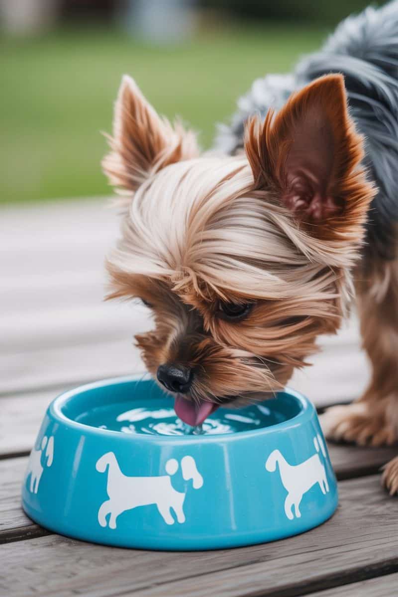 A Yorkshire Terrier drinking water from a turquoise blue plastic dog bowl.