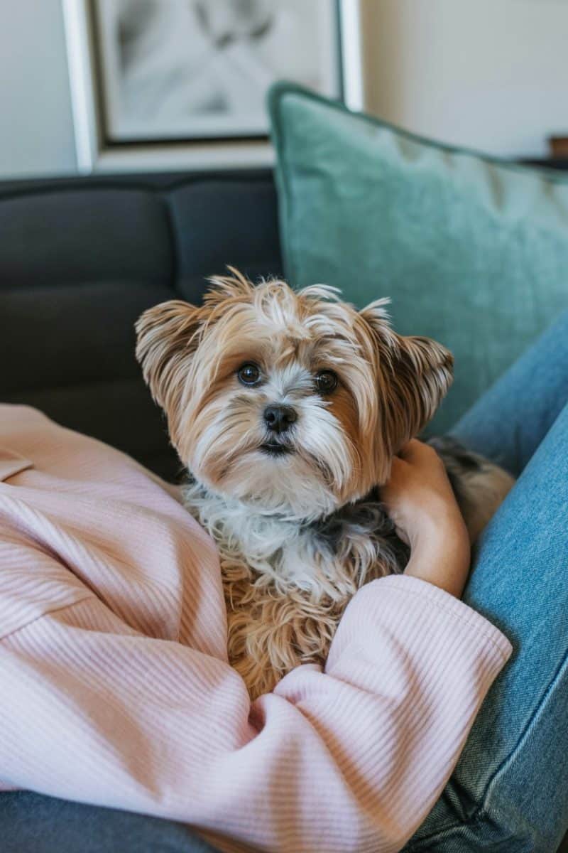 A person cuddling a Maltese Yorkie mix on a couch.