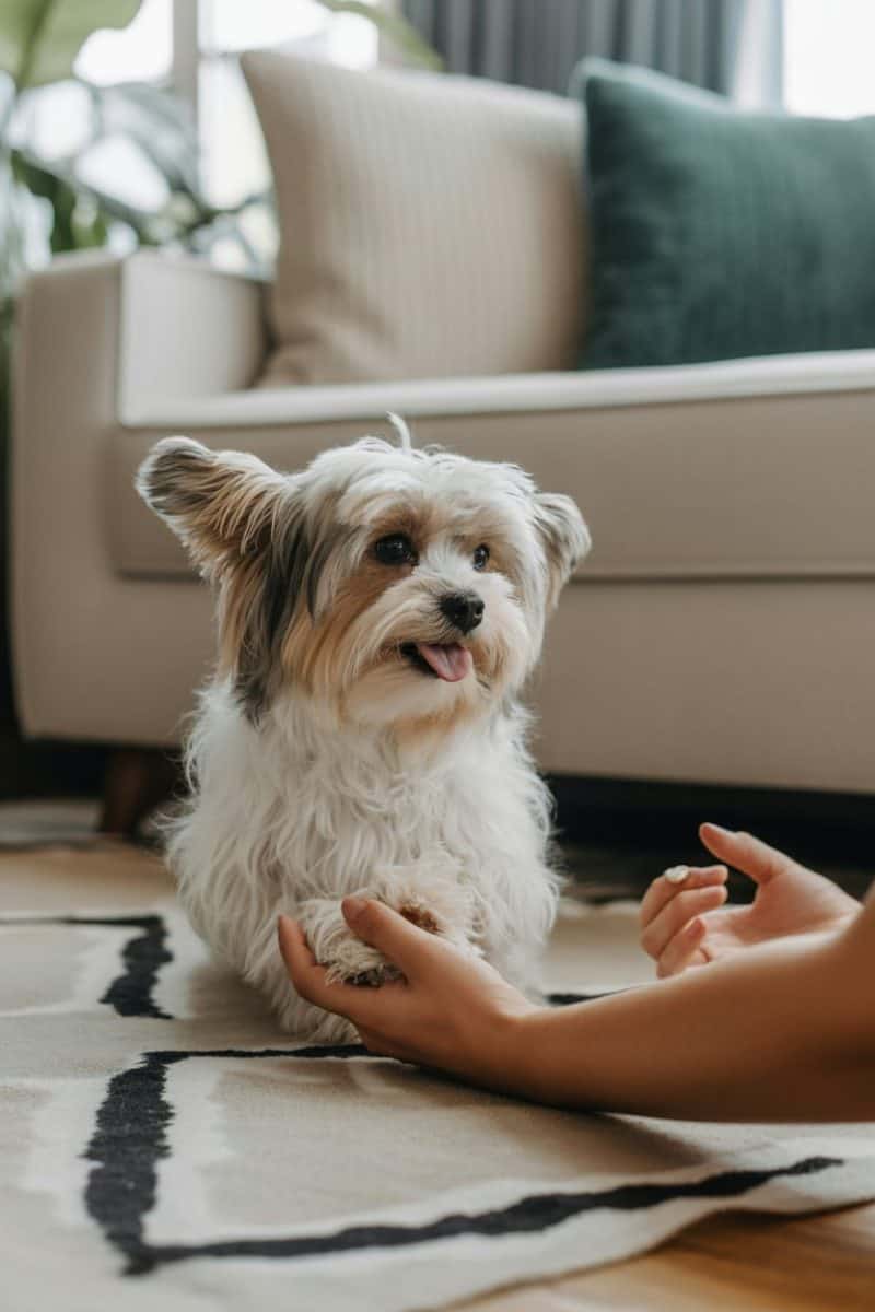 A small white and tan Maltese Yorkshire Terrier dog sitting on a beige and black patterned area rug.