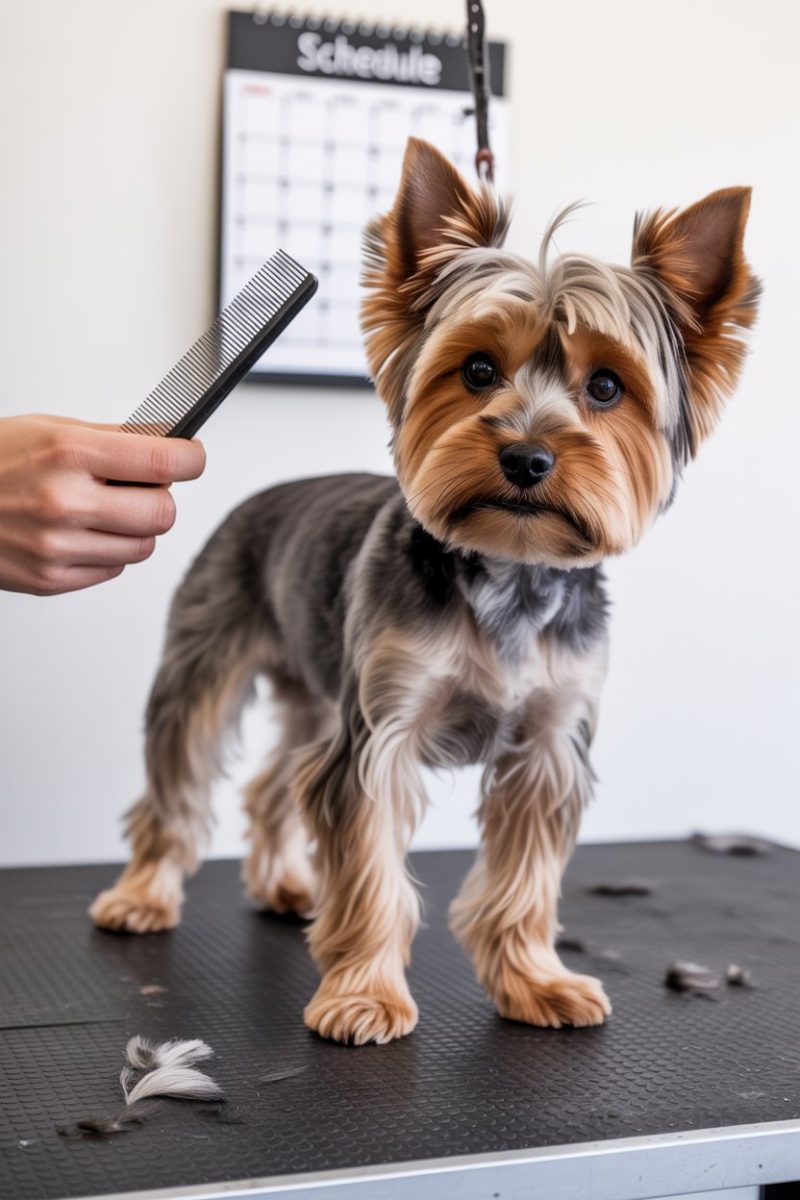 A Yorkshire Terrier standing on a black textured grooming table. 