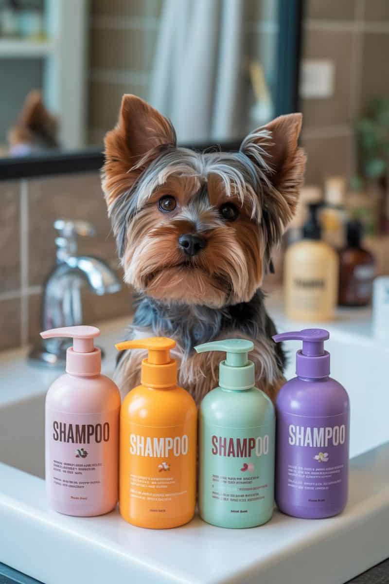 A Yorkshire Terrier dog sitting on a white bathroom counter, with four colorful shampoo bottles arranged in front.