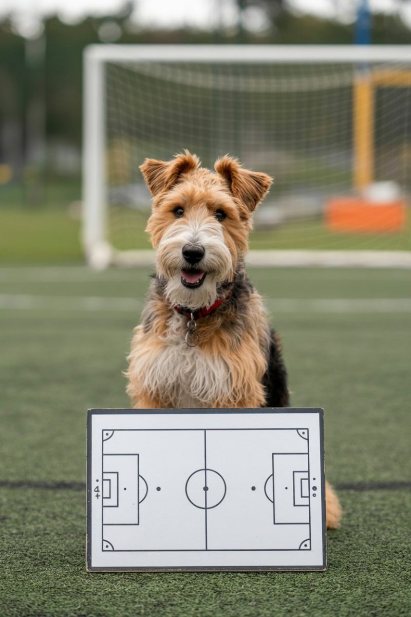 A happy Wire Fox Terrier dog sitting on artificial turf with a soccer field backdrop. 